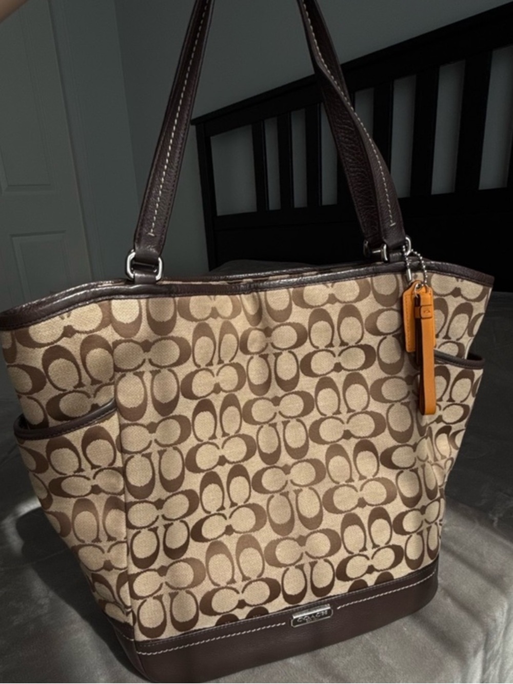Coach Beige Signature Canvas Tote with Brown Trim and Orange Tag